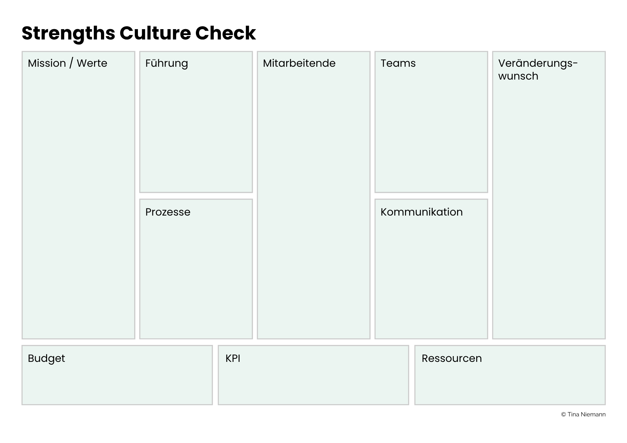 Strengths Culture Check: die Standortbestimmung als Canvas mit den Feldern Mission, Führung, Prozesse, Mitarbeitende, Teams, Kommunikation und Veränderungswunsch